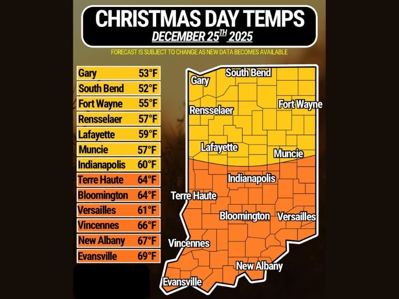 Unseasonably Warm Christmas Forecast for Indiana Shows 50s, 60s, and Near-70° Temperatures Extending From Gary to Evansville on December 25, 2025