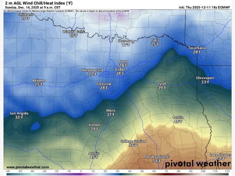 Very Cold Air to Sweep Into North Texas on Sunday With Wind Chills Dropping Into the Teens Across Areas North of Dallas–Fort Worth
