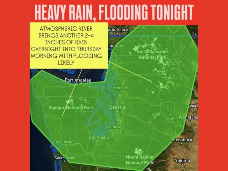 Washington Braces for Dangerous Overnight Flooding as Atmospheric River Brings 2–4 Inches of Heavy Rain and Rising Landslide Risk