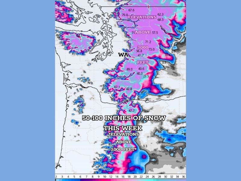 Washington Mountains Could See Up to 100 Inches of Snow This Week as Major Winter Storm Targets High Elevations