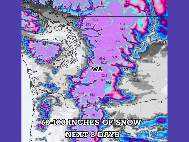 Washington State Faces Extreme Mountain Snowfall as Forecasts Call for 60–100 Inches Over the Next 8 Days