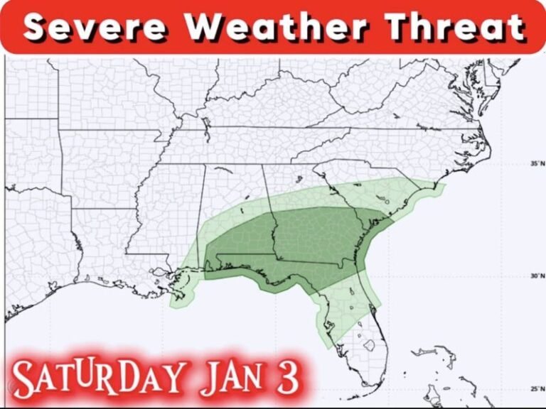 Alabama, Georgia, Florida, and Mississippi Face Elevated Severe Weather and Tornado Risk as Strong Storm System Targets the Deep South Saturday