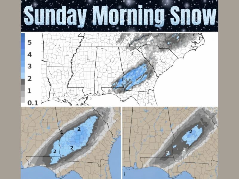 Alabama, Georgia, and Florida Gulf Coast Track Rare Sunday Morning Snow Band as Overnight System Brings Heavy Flakes With Limited Accumulation