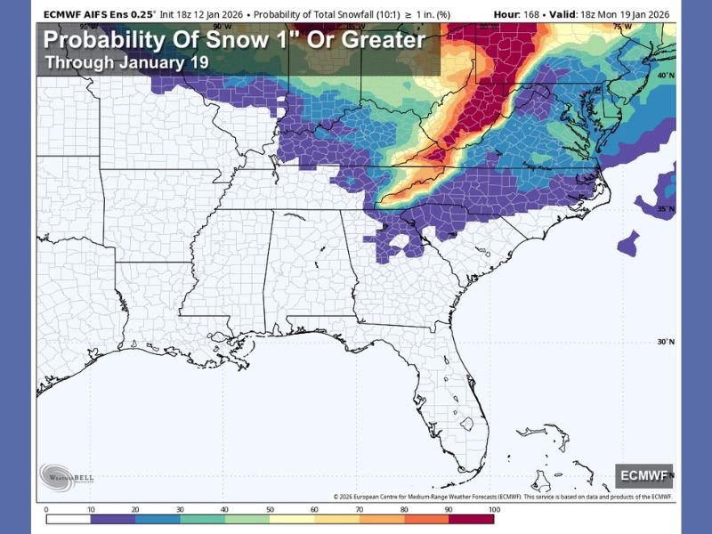 Alabama Ruled Out for Snow Through January 19 as Models Show Higher Snow Odds Focused Farther North Across the Ohio Valley and Appalachians