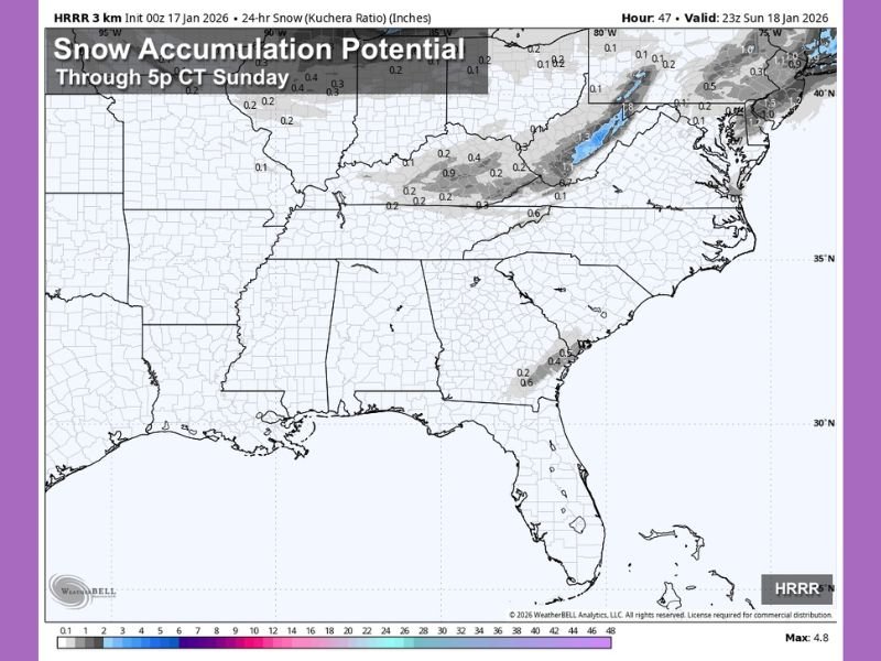 Alabama Winter Snow Threat Looks Limited as HRRR Model Shows Only Light Accumulations Through Sunday Evening