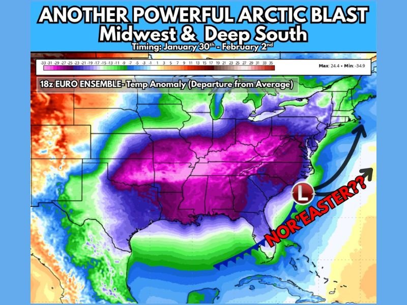 Another Powerful Arctic Blast Set to Grip the Midwest and Deep South With Temperatures 20–30 Degrees Below Average
