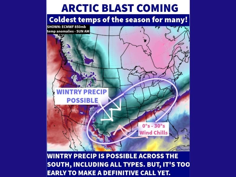 Arctic Blast Set to Deliver Coldest Temperatures of the Season Across the South and Eastern U.S. This Weekend