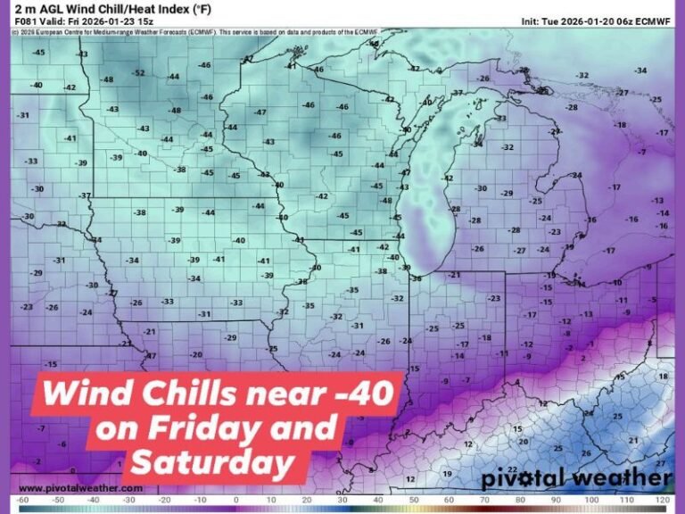 Arctic Blast to Drive Life-Threatening Wind Chills Into Illinois, Indiana, Michigan, Wisconsin, Iowa, and Missouri From Friday Into Saturday