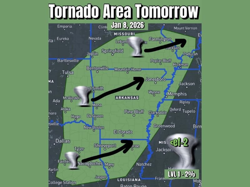 Arkansas, Missouri, Louisiana, and Tennessee Placed Under Low-End Tornado Risk as Strong Wind Shear Develops Thursday