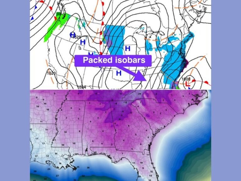 Brutal Wind Chills Expected Across the Southeast as Tightly Packed Isobars Signal Dangerous Arctic Air Surge Sunday Morning