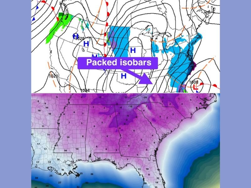 Brutal Wind Chills Expected Across the Southeast as Tightly Packed Isobars Signal Dangerous Arctic Air Surge Sunday Morning