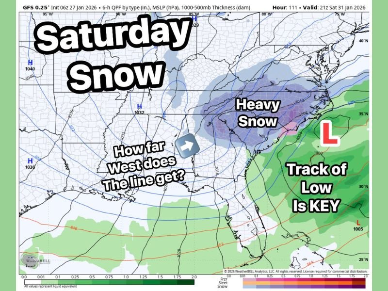 Carolinas Face Growing Saturday Snow Threat as GFS Tracks Coastal Low Over Deep Cold Air With Potential for Higher Snow Ratios