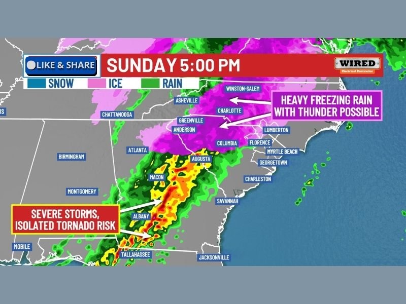 Carolinas and Georgia Face Rare Dual-Threat Winter Storm as Freezing Rain, Thundersleet, and Tornado Risk Collide Sunday Afternoon