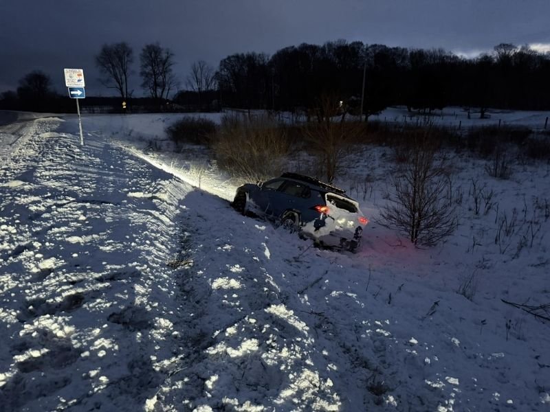Driver Rescued After Vehicle Slides Into Deep Snow-Filled Ditch Along State Route 2 Near Westville, Indiana