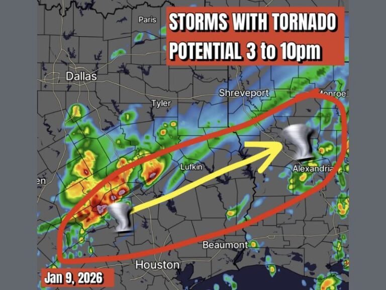 East Texas Storms May Turn Severe Friday as Tornado-Capable Supercells Track Into Louisiana and Mississippi After Dark