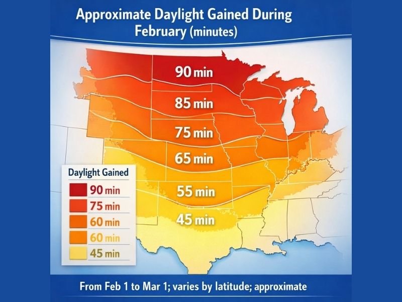 February Brings Noticeable Daylight Gains Across the U.S., Adding 45 to 90 Extra Minutes by Month’s End