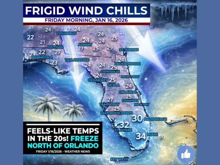 Florida Braces for Rare Arctic Blast as Wind Chills Drop Into the 20s and Freezing Conditions Reach Central and Northern Areas