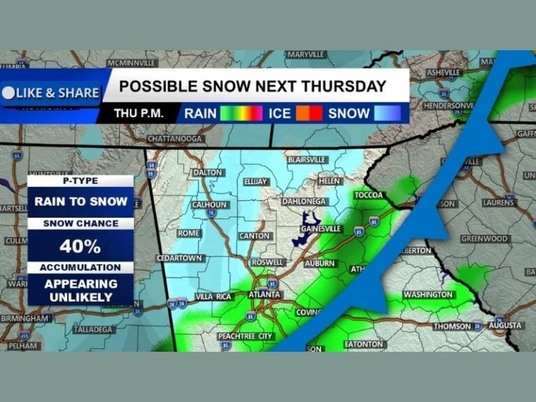 Georgia Braces for Arctic Cold Surge as North Georgia Sees Low-End Snow Chance Next Thursday, Forecasters Say Accumulations Appear Unlikely
