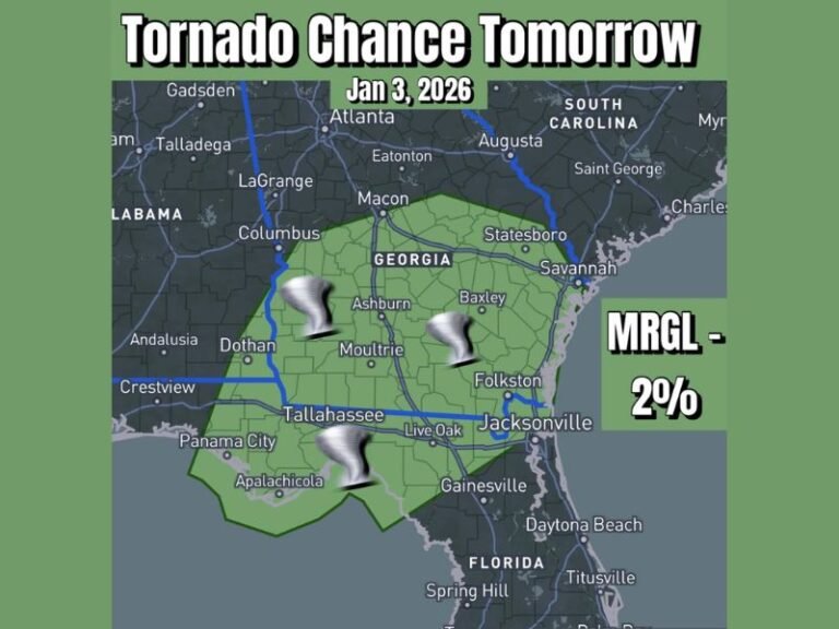 Georgia and Northern Florida Face Low-End Tornado Risk Saturday as Cold Front Triggers Marginal Severe Weather Setup