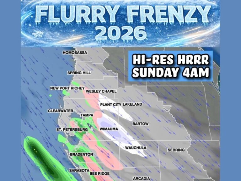 HRRR Shows Aggressive Gulf-Effect Snow Bands Near Tampa as Rare Flurry Potential Emerges Across West-Central Florida