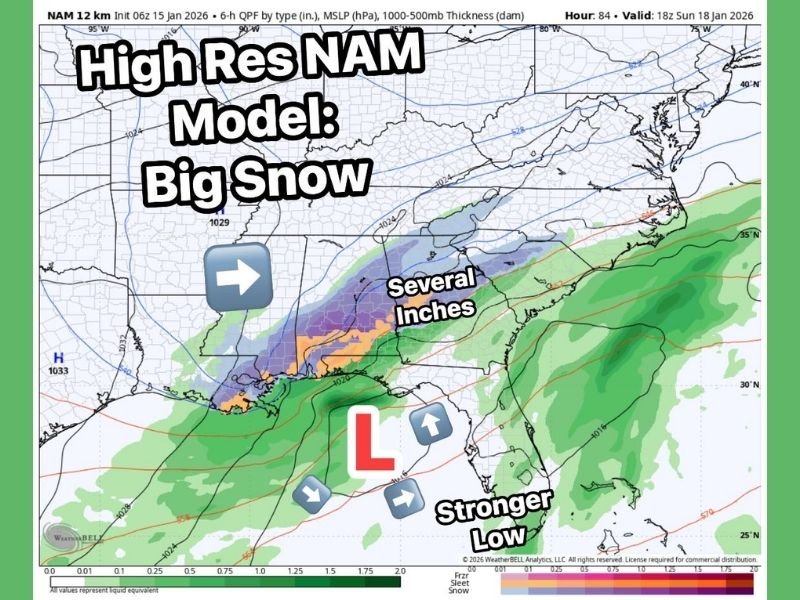 High-Resolution Models Show Strong Southern Snow Signal for Sunday as Low-Pressure Track Becomes Critical Across the Southeast
