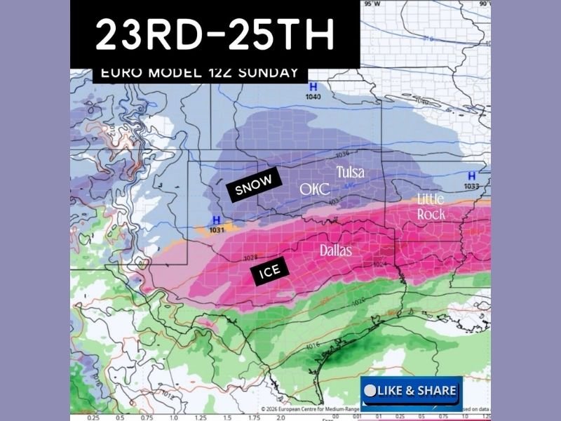 Late-January Winter Weather Setup Could Bring Snow and Ice to Oklahoma, Texas, and Arkansas as Forecast Confidence Slowly Builds