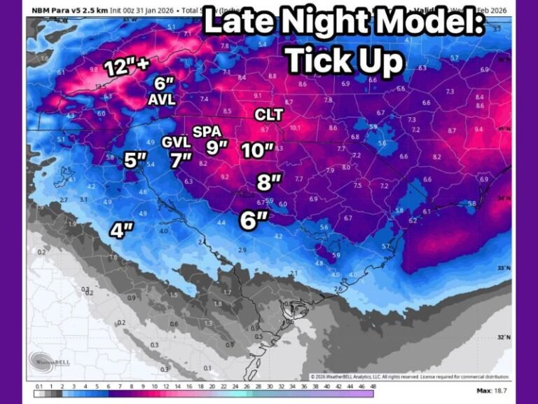 Late-Night Forecast Models Push Snow Totals Higher Along the North Carolina–Tennessee Line as Banding Risk Increases