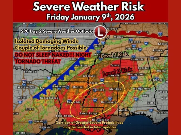 Mississippi, Alabama, and Louisiana Face Overnight Tornado Threat as SPC Issues Level 2 Risk for Friday Night Storms