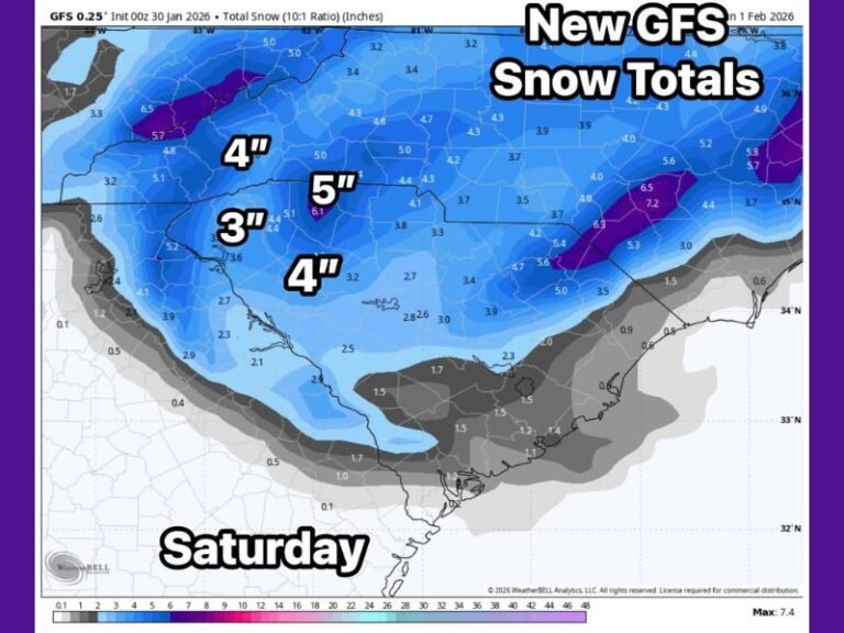 North Carolina and South Carolina Snow Forecast Holds at 3–6 Inches as New GFS Model Signals Banding Risk Saturday