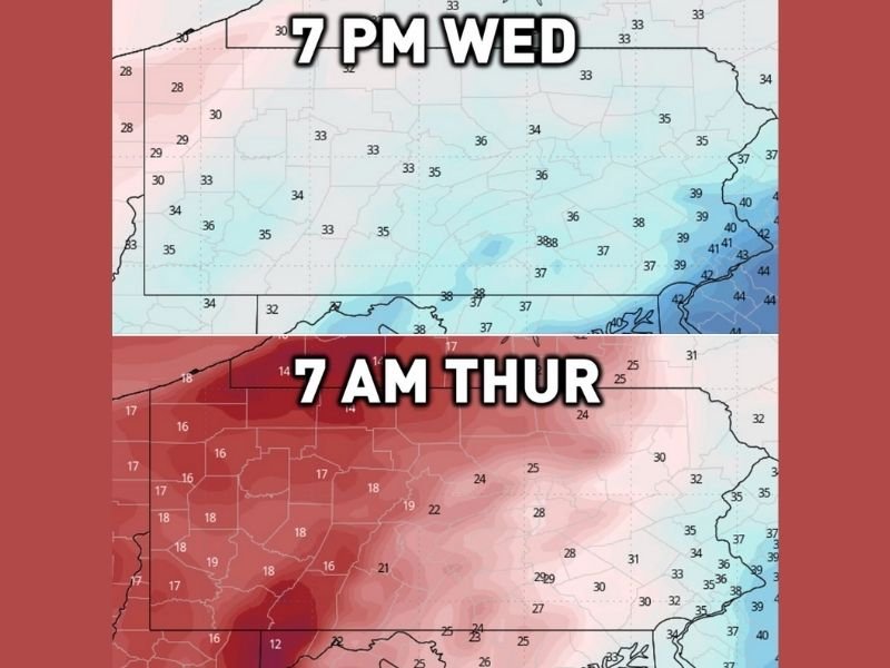 Pennsylvania Faces Dangerous Flash Freeze Wednesday Night as Temperatures Plunge Into the Teens and 20s by Thursday Morning