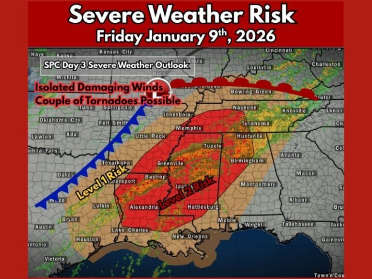 Possible Severe Weather Risk With Isolated Tornadoes For Arkansas, Mississippi, Louisiana, Tennessee and Alabama On Friday