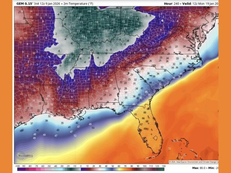 Potential Mid-January Arctic Cold Outbreak For Texas, Louisiana, Mississippi, Alabama, Georgia, and the Carolinas as Canadian Model Signals Sub-Freezing Temperatures
