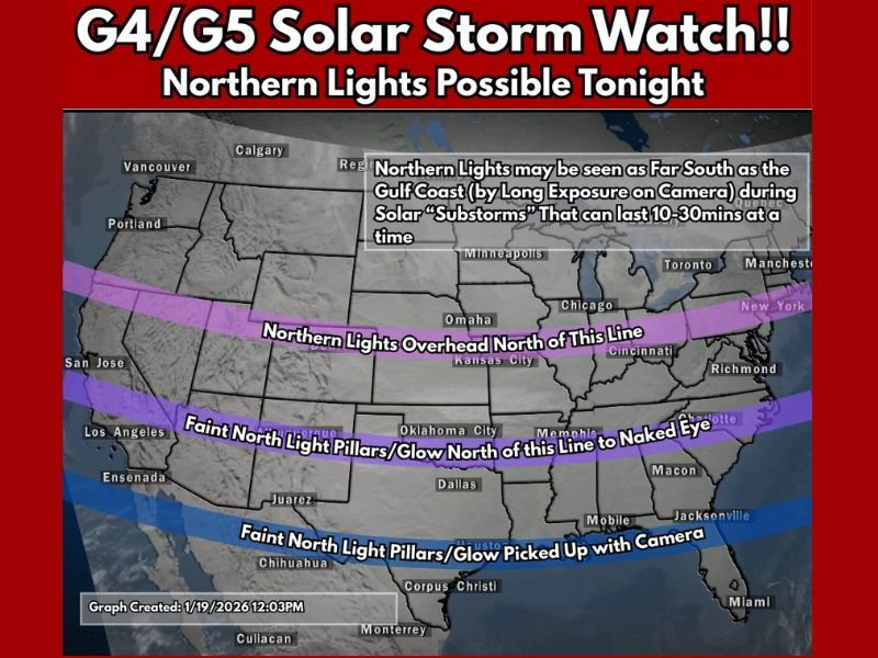 Rare G4–G5 Solar Storm Watch Brings Northern Lights Viewing Potential to Texas, Louisiana, Mississippi, Alabama, Georgia, Florida, and the Carolinas Tonight