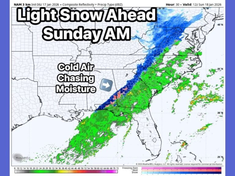 South Carolina, North Carolina, Georgia and Alabama Face Tricky Overnight Rain-to-Snow Setup as Cold Air Chases Moisture Sunday Morning