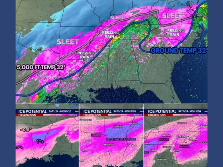 Texas, Arkansas, Mississippi, Tennessee, Alabama, Georgia, South Carolina, North Carolina, Kentucky, West Virginia, and Virginia Face a Prolonged, High-Impact Ice and Sleet Storm With Crippling Travel and Power Risks