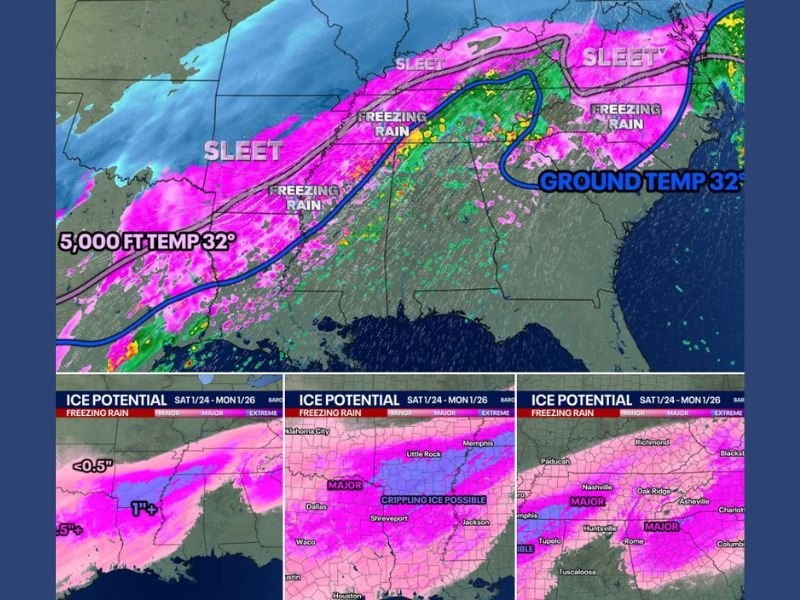 Texas, Arkansas, Mississippi, Tennessee, Alabama, Georgia, South Carolina, North Carolina, Kentucky, West Virginia, and Virginia Face a Prolonged, High-Impact Ice and Sleet Storm With Crippling Travel and Power Risks