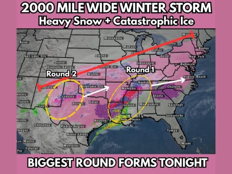 Texas, Oklahoma, Arkansas, Mississippi, Tennessee, and the Mid-South Brace as 2,000-Mile-Wide Winter Storm Enters Most Dangerous Phase Tonight