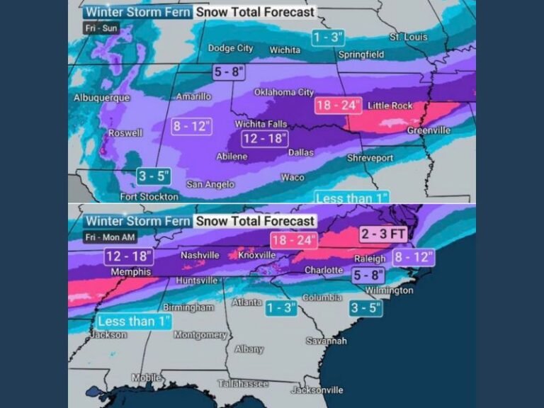 Texas, Oklahoma, Arkansas, Tennessee, and North Carolina Face Potentially Historic Winter Storm as Heavy Snow Targets the I-40 Corridor