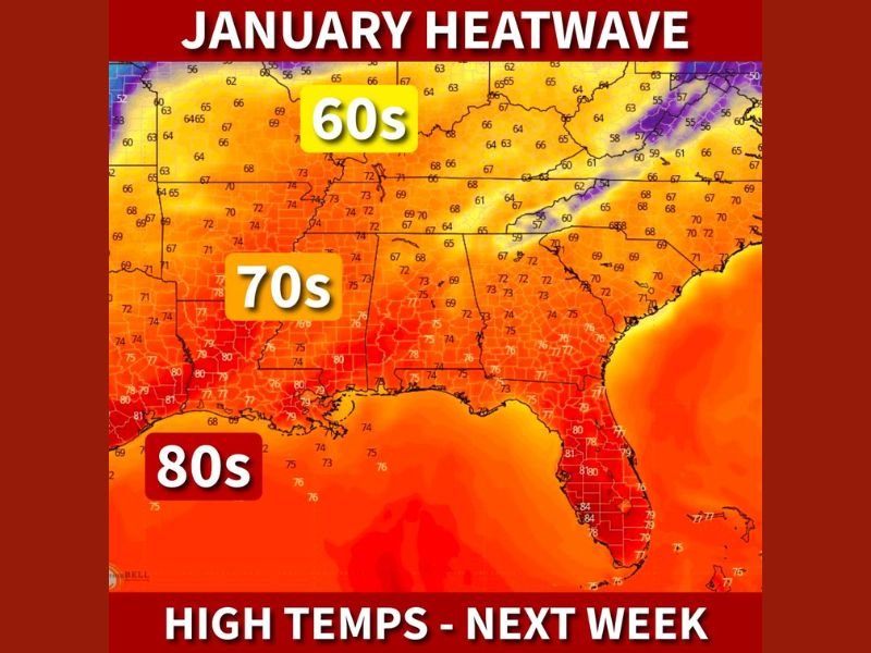 Unseasonable January Heatwave Brings 70s and 80s Across Alabama, Georgia, Mississippi, and Florida as Winter Pattern Breaks Down