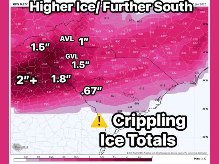 Western North Carolina, Upstate South Carolina, and North Georgia Face Escalating Ice Storm Threat as Models Push Crippling Ice Farther South