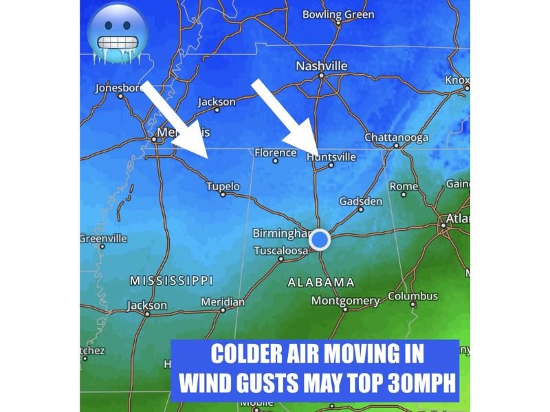 Alabama Cold Blast Arrives With 30+ MPH Wind Gusts, Near-Freezing Lows Tonight and Highs Stuck in the 40s Sunday