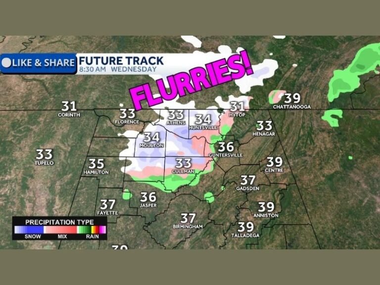 Alabama Could See Wednesday Morning Flurries North of Birmingham as Rain Exits and Temperatures Hover Above Freezing