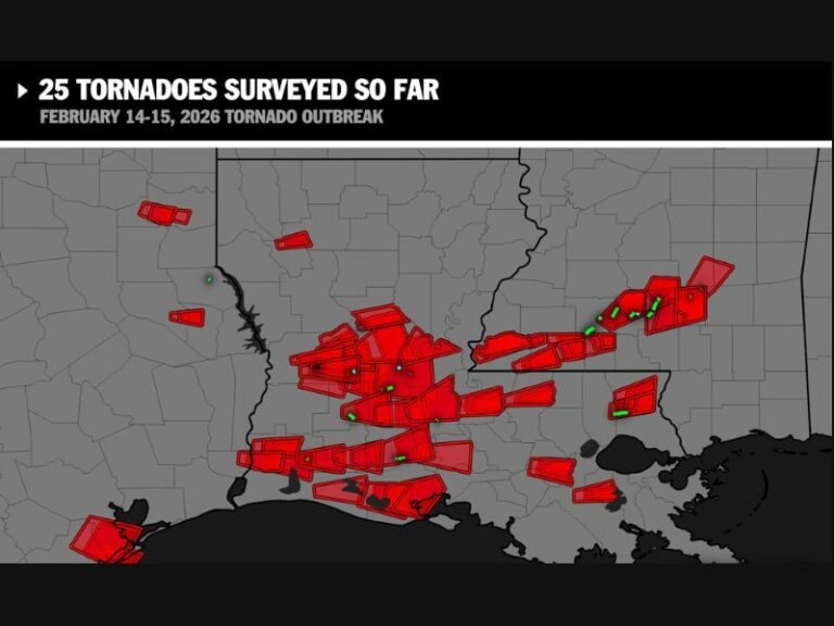 Deep South Tornado Outbreak Leaves 25 Confirmed Twisters So Far, With Total Expected to Rise After Feb. 14–15, 2026 Surveys