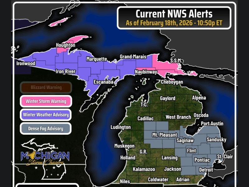 Dense Fog, Winter Storm Warnings and Snow Continue Across Michigan as Multiple NWS Alerts Remain Active Overnight