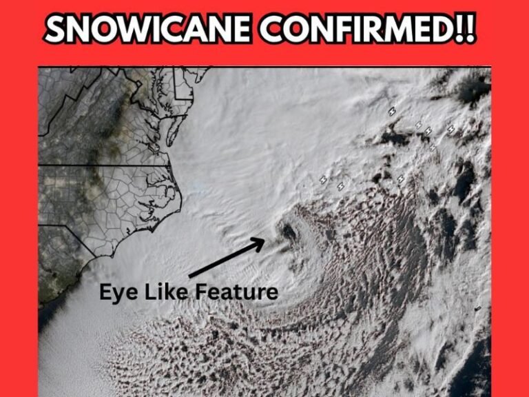 Eye-Like “Snowicane” Structure Forms Offshore as Powerful Bomb Cyclone Pulls Away From North Carolina Outer Banks
