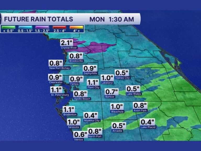 Florida Cold Front to Bring Widespread 0.5 to 1 Inch of Rain Across Tampa Bay Region, With Isolated Heavier Downpours Possible Overnight Into Monday
