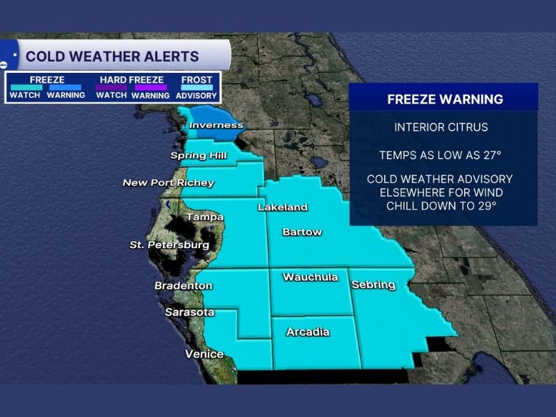 Florida Freeze Warning Hits Tampa Bay Area With Interior Citrus Near 27 Degrees Before a Big Warm-Up Next Week