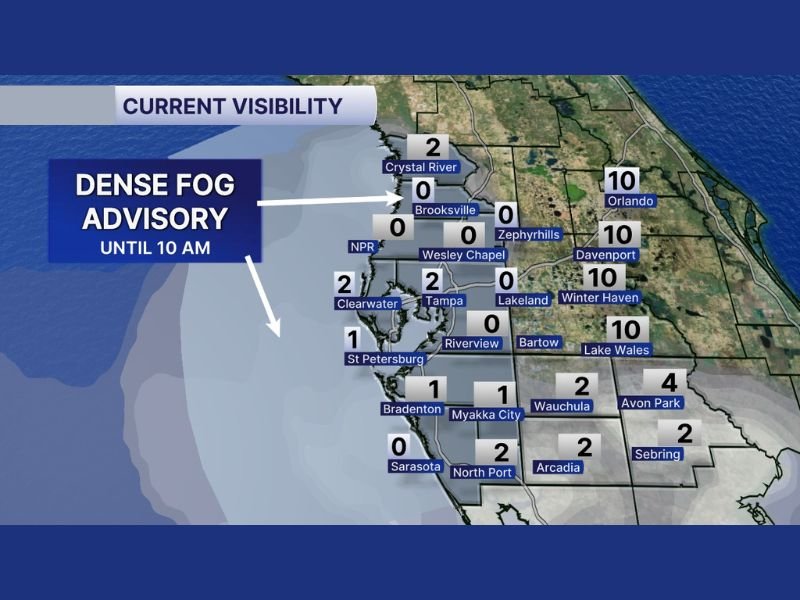Florida Gulf Coast Under Dense Fog Advisory Until 10 AM as Visibility Drops to Near Zero in Tampa Bay and Surrounding Counties