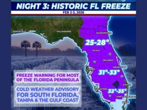 Florida’s “Night 3” Historic Freeze Hits Orlando Hard, Extends Warnings Across Peninsula as Temps Dip to 25–28 Degrees