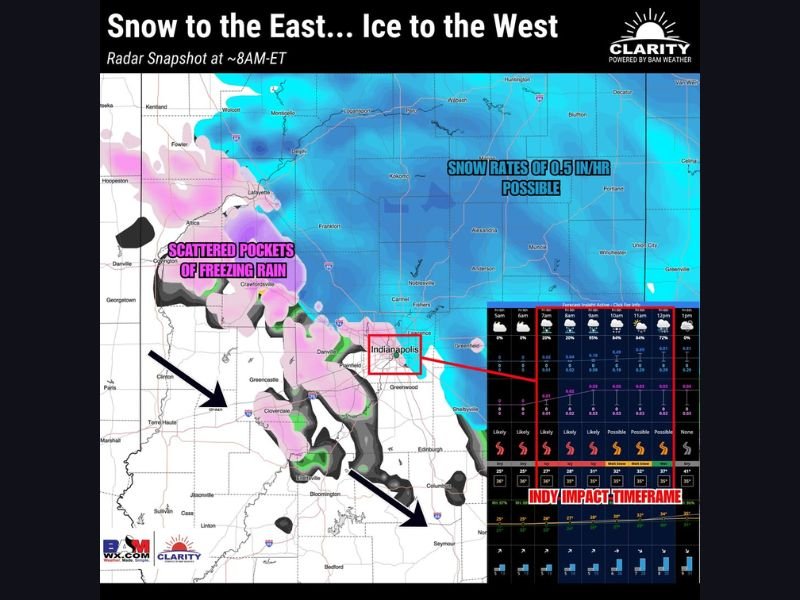 Indiana Faces Tricky Friday Morning Commute as Indianapolis Area Splits Between Snow to the East and Freezing Rain to the West